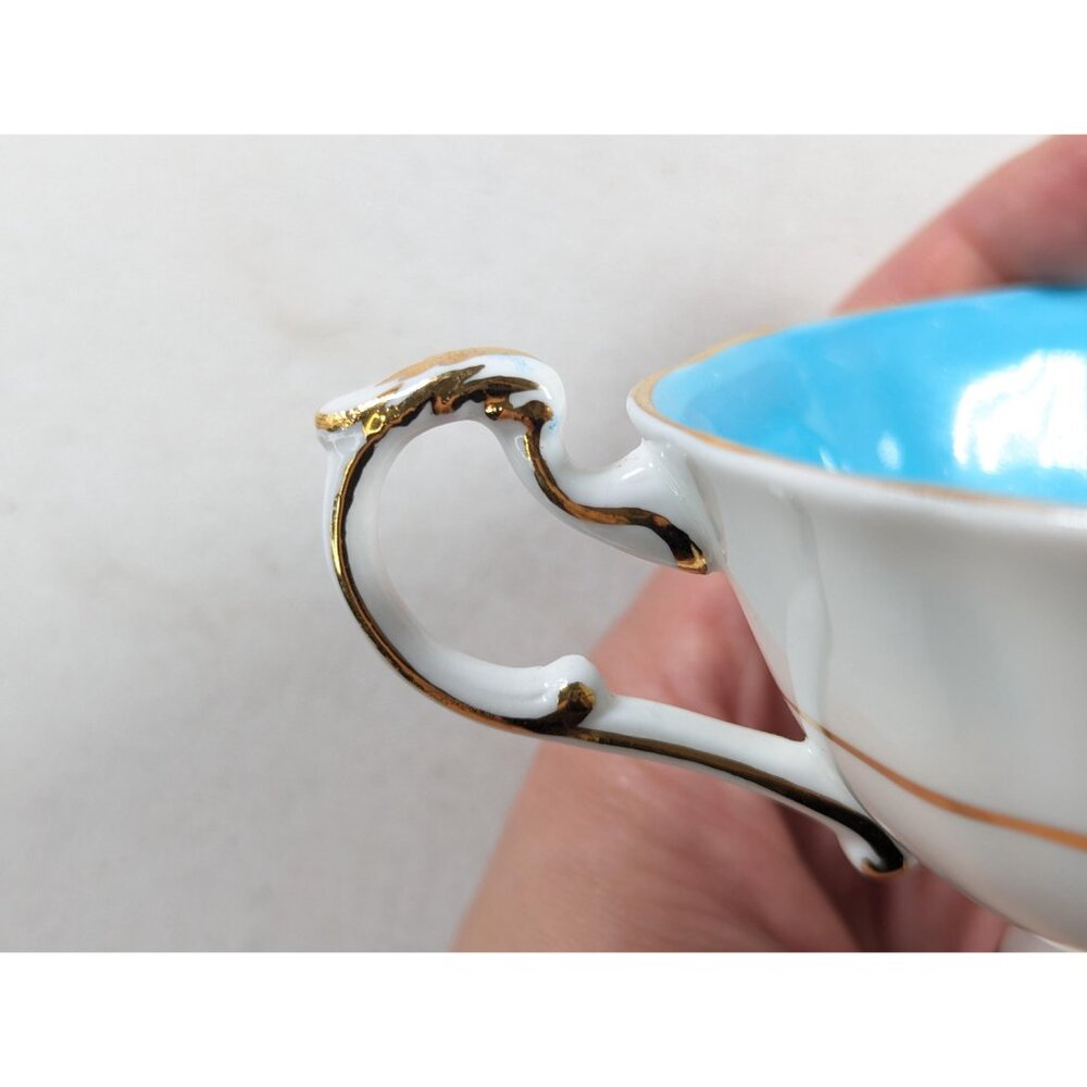 CUP ONLY * Paragon Floating White Rose Turquoise blue teacup, 1950s double - Picture 8 of 10